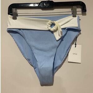 NWT Onia Anais High Waisted Belted Ribbed Bikini Bottom Blue Women's Size Small
